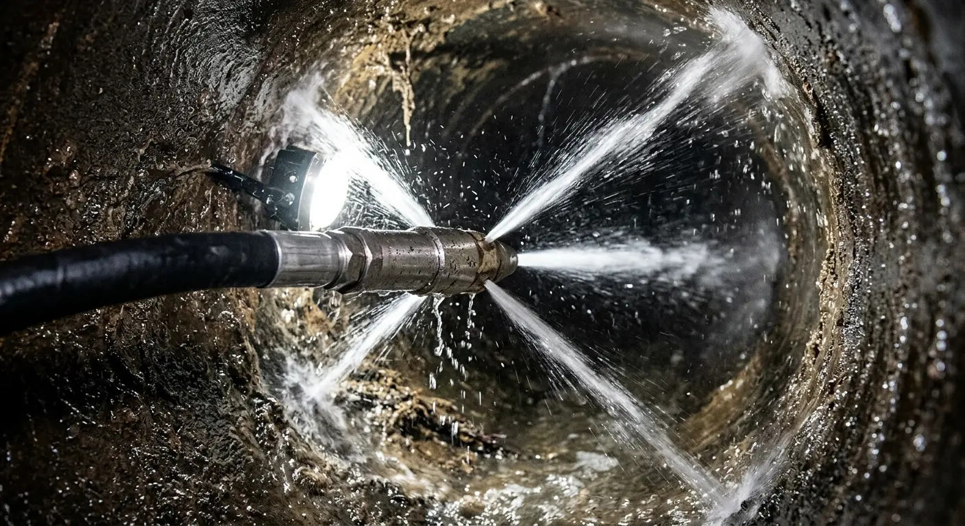 High-pressure hydro jetting nozzle cleaning sewer pipe for Sewer Cleanout in Carteret