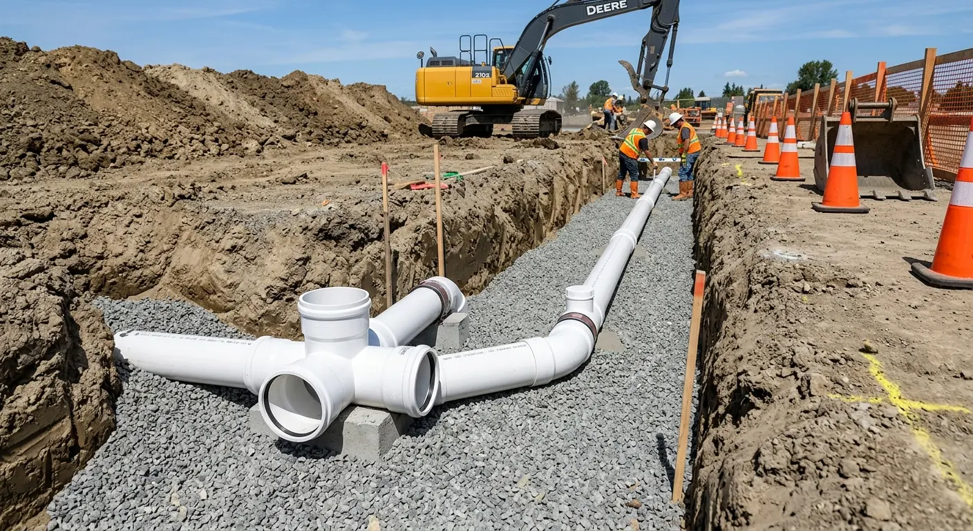New PVC sewer pipe installation in open trench for Sewer Backup in Carteret