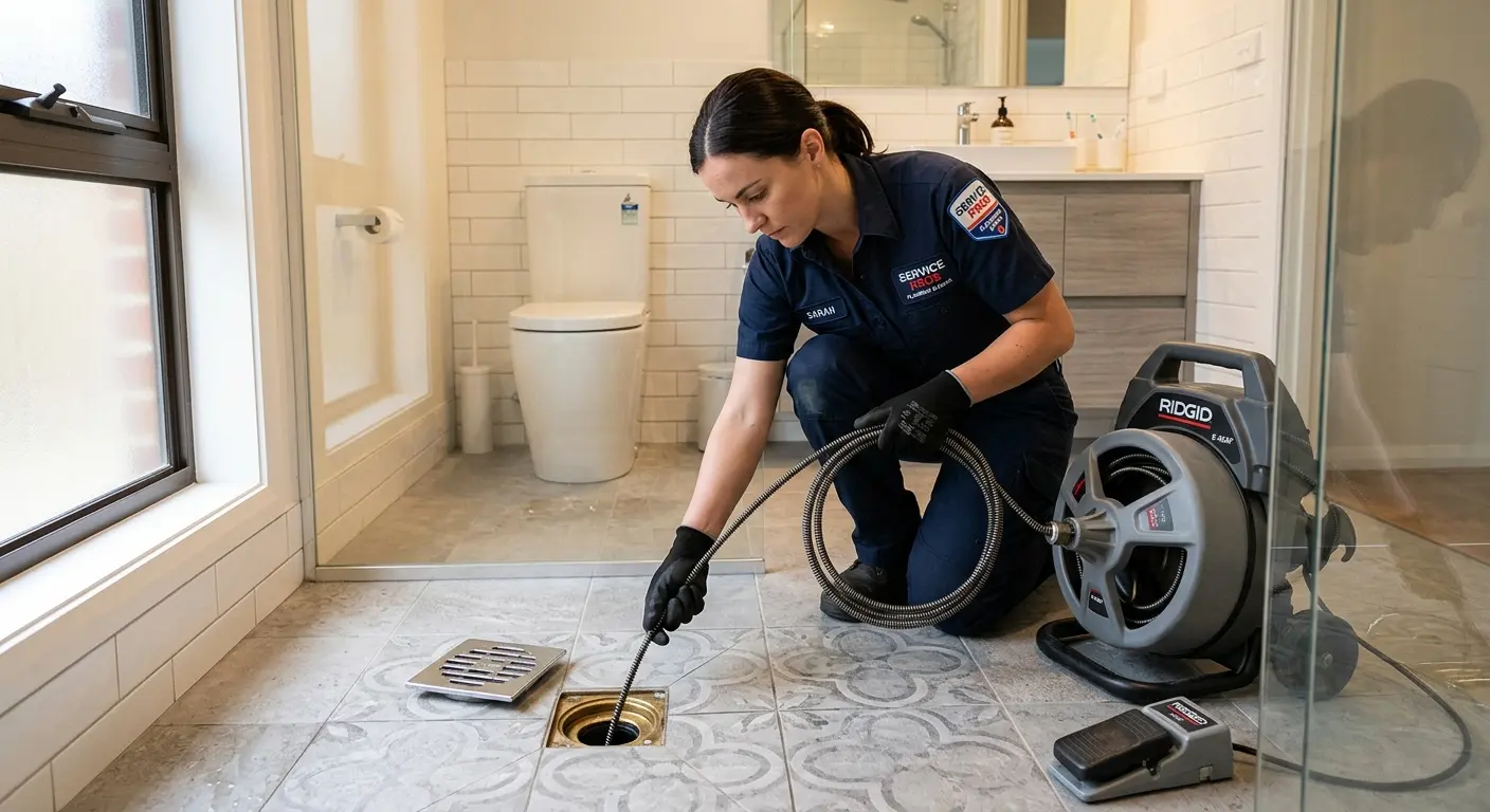Technician clearing a bathroom floor drain for Hydro Jetting in Carteret